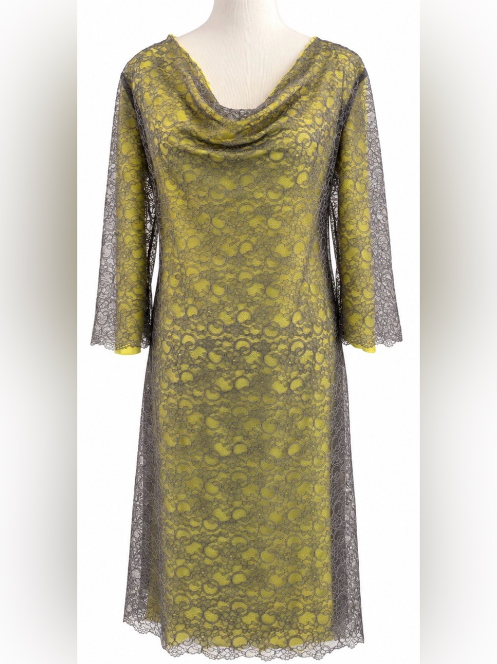 [Liviana Conti] Gray Lace Chartreuse Cowl Neck Dress Italy 42 / US 6 Never Worn!